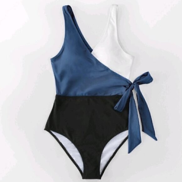 19.🆕Med Color Block Side Tie Swimsuit - Blue, Black and White NWT - Picture 2 of 4